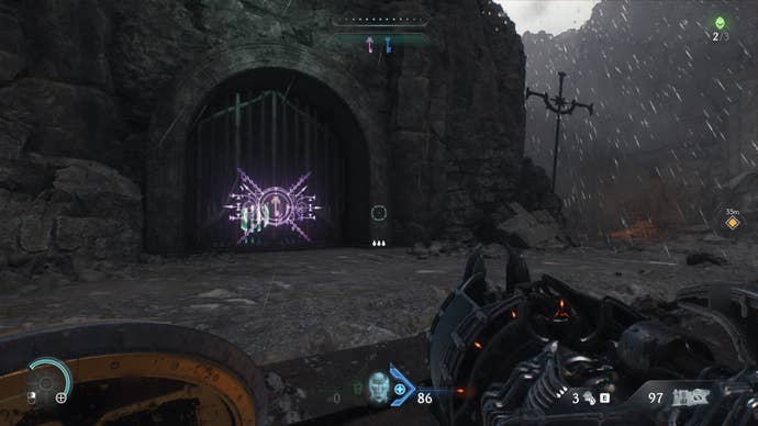 The player faces a locked secret gate in the Village of Khalim - which requires a Secret Key to open - in DOOM: The Dark Ages