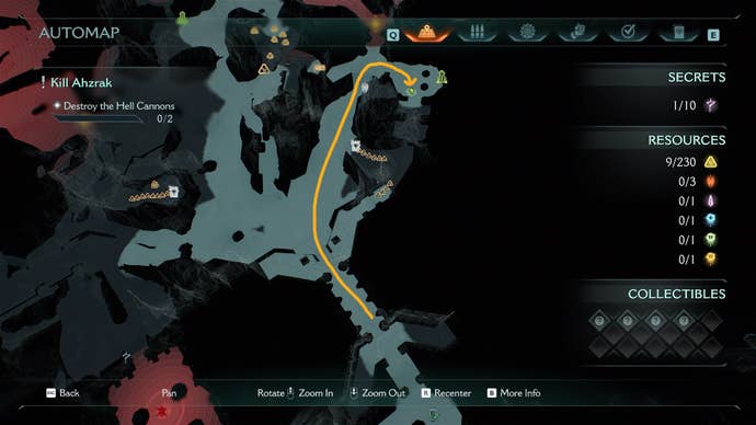 A route from the level start to a Codex entry in DOOM: The Dark Ages' The Forsaken Plains chapter is drawn on the map