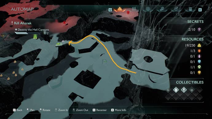A route from the first Hell Cannon to a Weapon Skin in DOOM: The Dark Ages' The Forsaken Plains chapter is drawn on the map