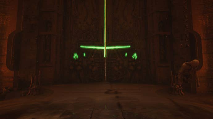 A large door is illuminated green and slowly opening in a cutscene during DOOM: The Dark Ages' The Forsaken Plains chapter