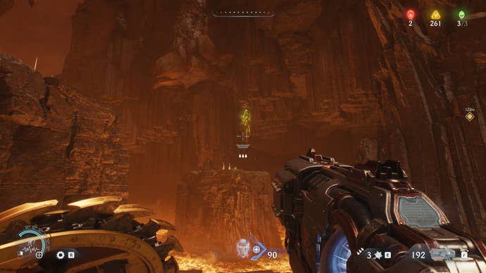The player aims at a Flesh Node in DOOM: The Dark Ages' The Forsaken Plains chapter