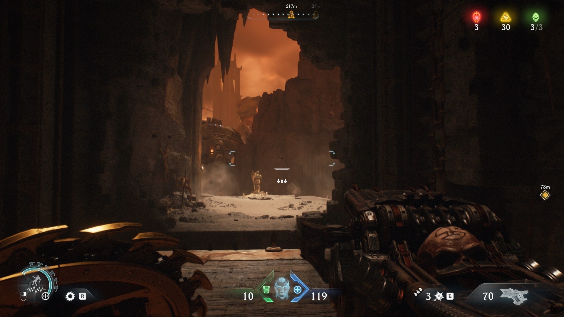 The player - who is standing on a trap-elevator - looks outside at a statue holding a Ruby in DOOM: The Dark Ages' The Forsaken Plains chapter - 5