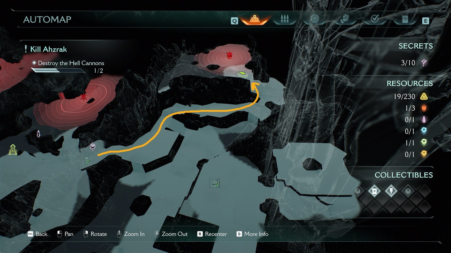 A route from the level's Weapon Skin to the next enemy encounter is drawn on the map in DOOM: The Dark Ages' The Forsaken Plains chapter - 7