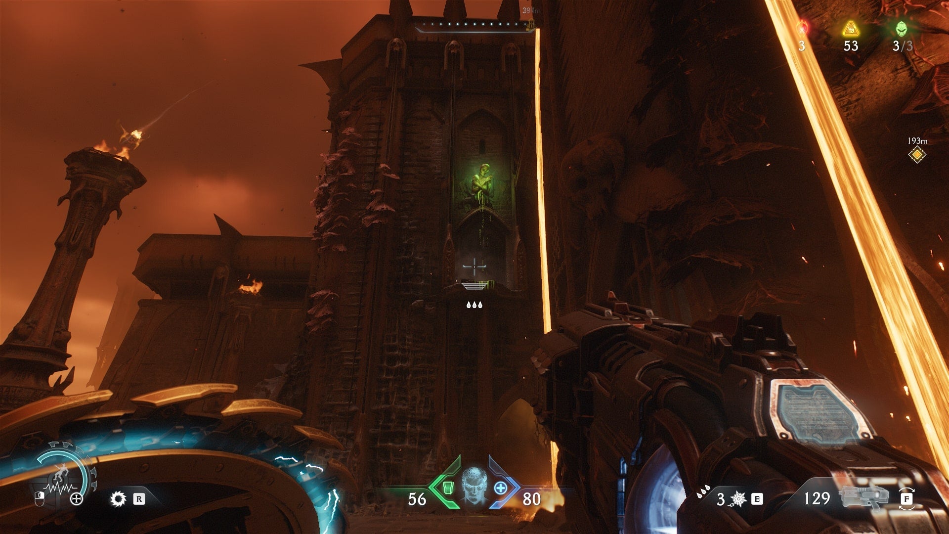 The player aims at a Flesh Node in DOOM: The Dark Ages' The Forsaken Plains chapter - 9