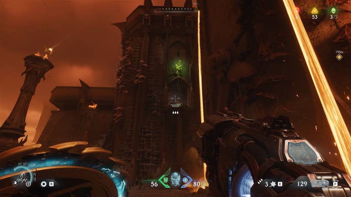 The player aims at a Flesh Node in DOOM: The Dark Ages' The Forsaken Plains chapter
