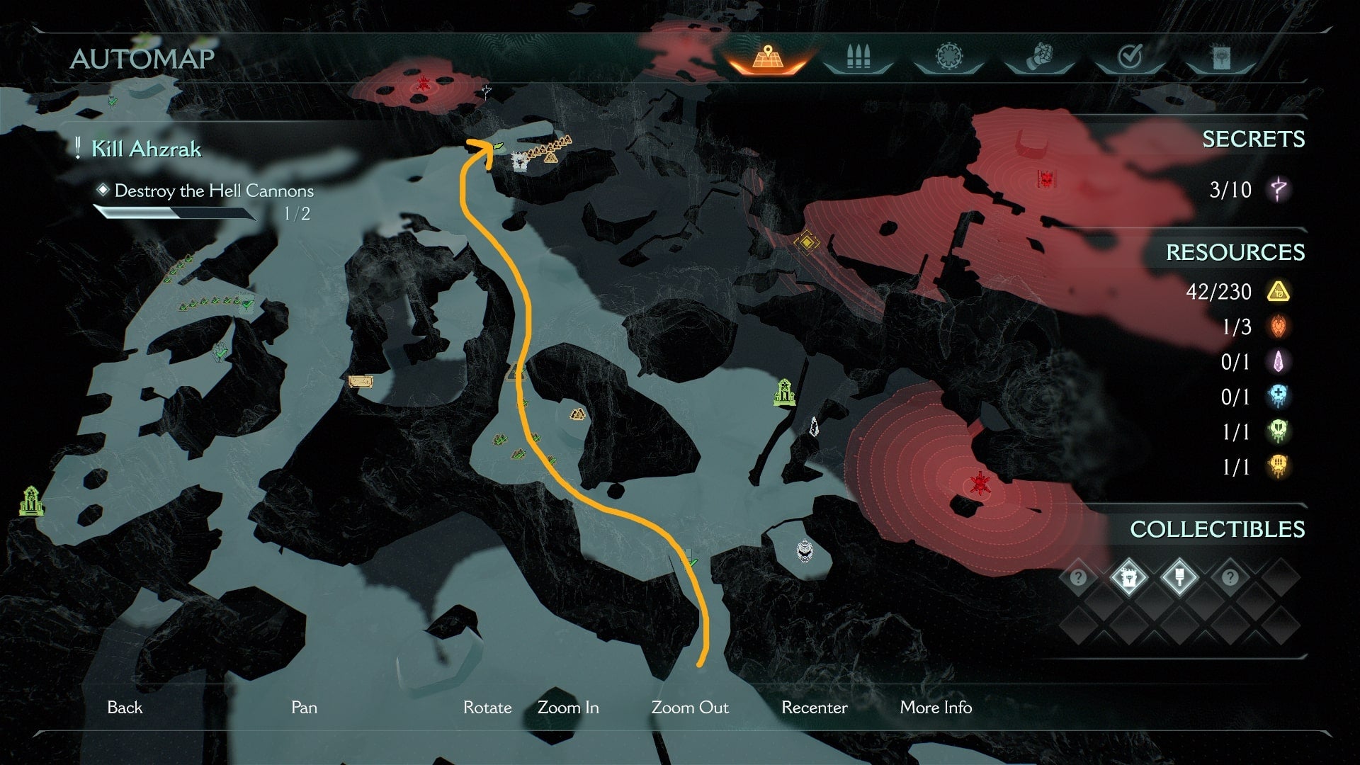 A route from the level's Weapon Skin to a Codex entry is drawn on the map in DOOM: The Dark Ages' The Forsaken Plains chapter - 8