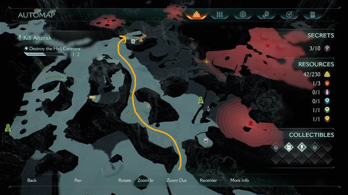 A route from the level's Weapon Skin to a Codex entry is drawn on the map in DOOM: The Dark Ages' The Forsaken Plains chapter