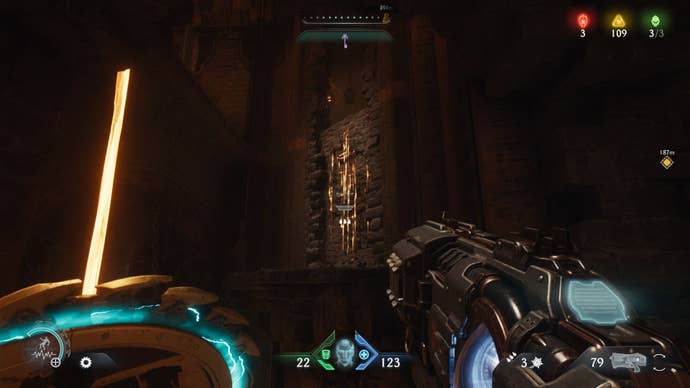 The player aims at a climbable wall in DOOM: The Dark Ages' The Forsaken Plains chapter