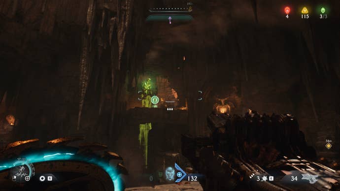 The player aims at a Flesh Node with a Life Sigil in front of it in DOOM: The Dark Ages' The Forsaken Plains chapter