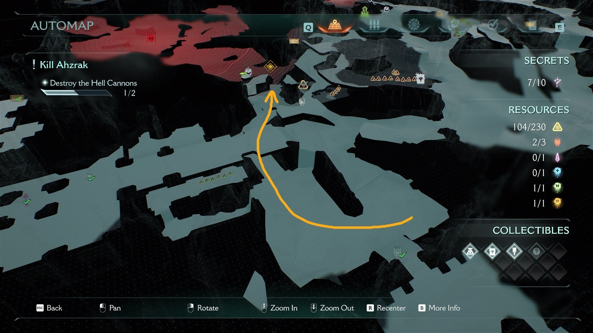 A route from a Ruby to the next enemy encounter - and a Life Sigil - is drawn on the map in DOOM: The Dark Ages' The Forsaken Plains chapter - 14