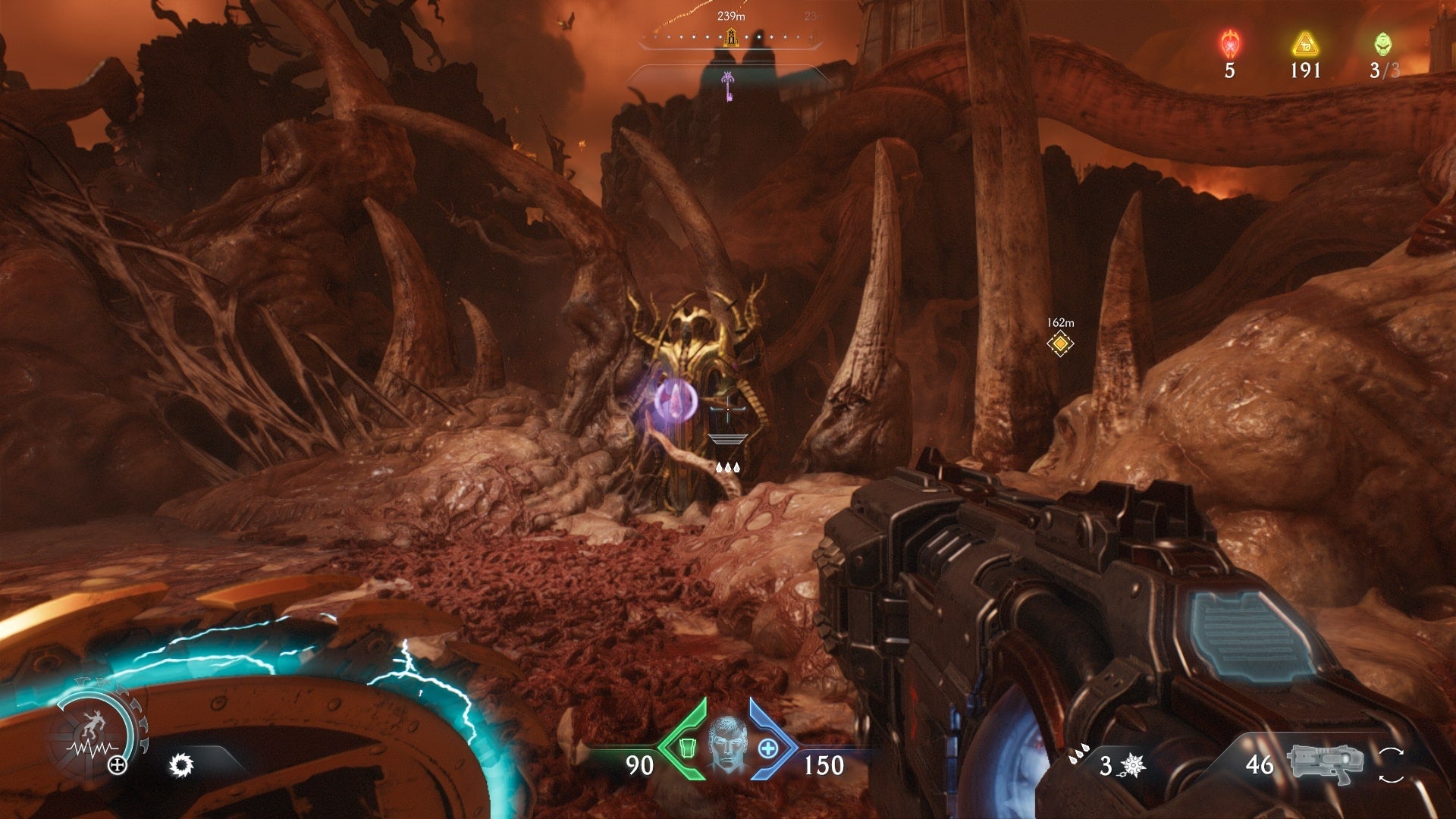 The player looks at a statue holding a Wraithstone in DOOM: The Dark Ages' The Forsaken Plains chapter - 19