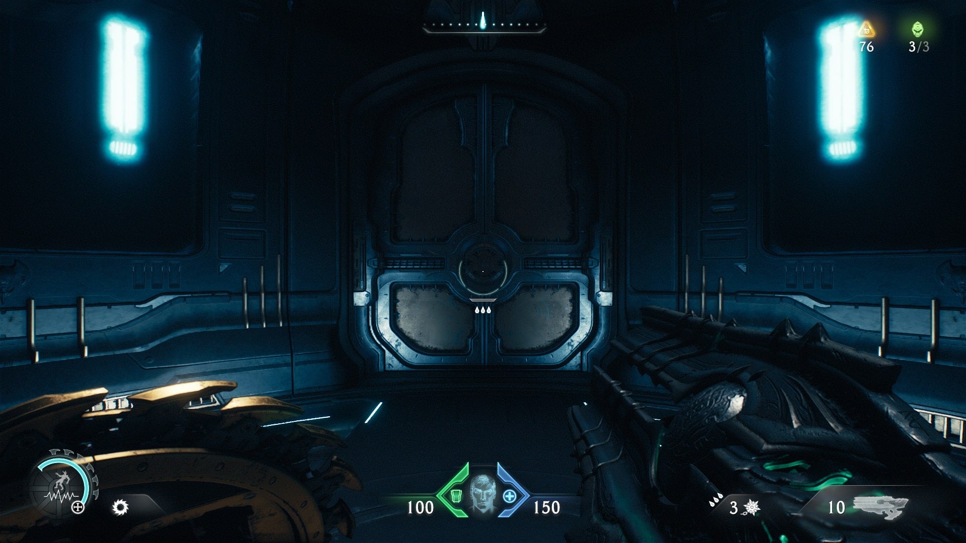 The player stands inside of an elevator in DOOM: The Dark Ages' Sentinel Command Station chapter - 1
