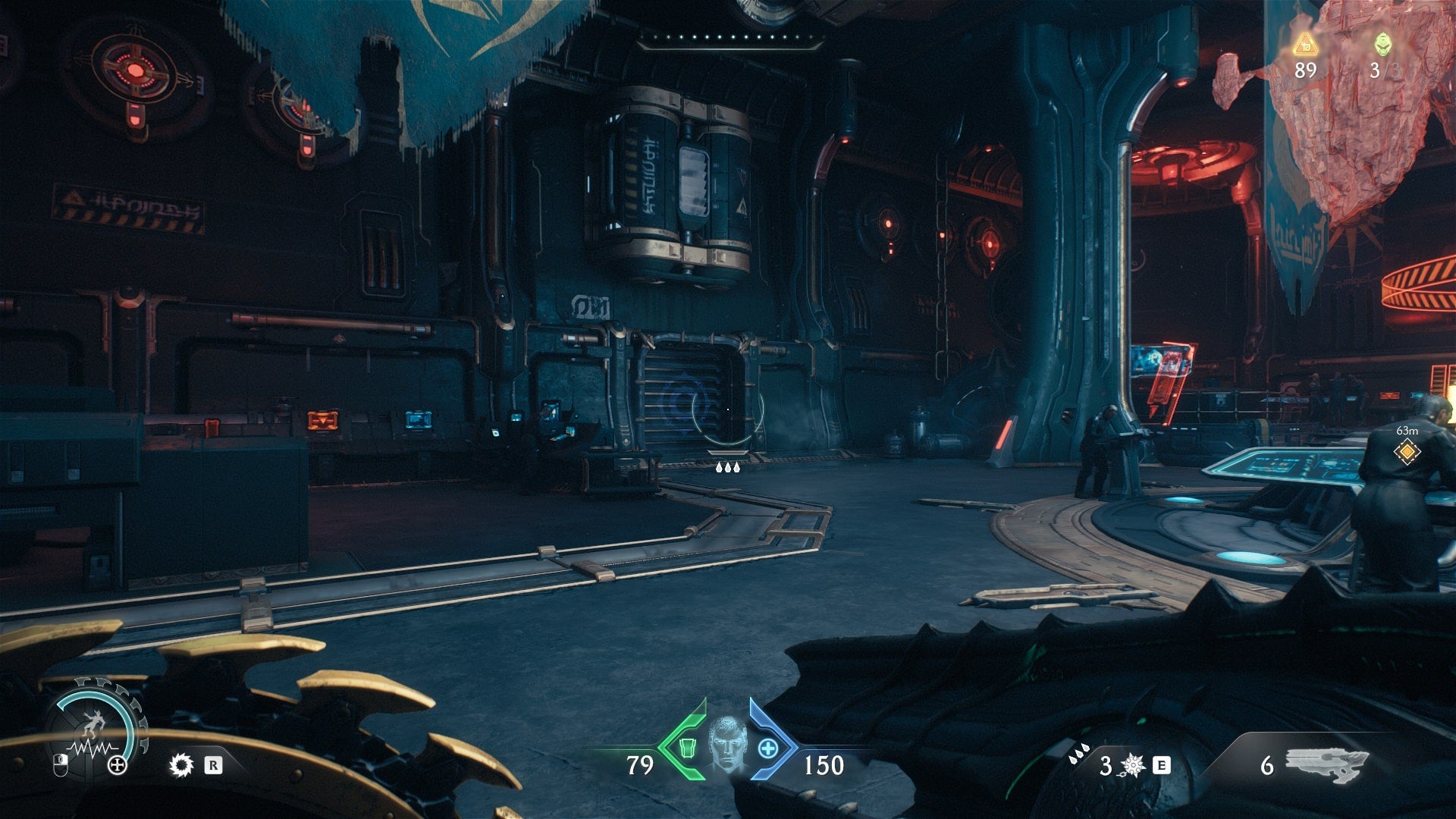 The player aims at a vent with a purple shield sigil on it in DOOM: The Dark Ages' Sentinel Command Station chapter - 5