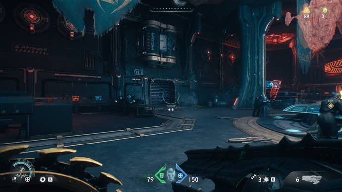 The player aims at a vent with a purple shield sigil on it in DOOM: The Dark Ages' Sentinel Command Station chapter