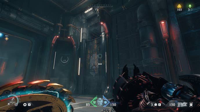 The player looks up at a wall that can be climbed into a vent in DOOM: The Dark Ages' Sentinel Command Station chapter