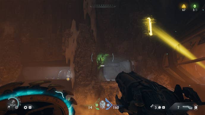 The player aims at a Flesh Node in DOOM: The Dark Ages' Sentinel Command Station chapter