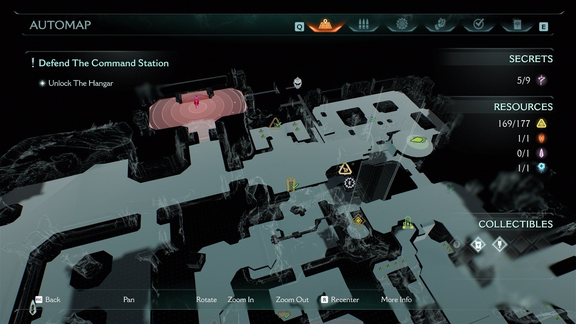 The location of the fifth secret area - which contains a Gold Chest - is shown where the player is standing in a map screenshot from DOOM: The Dark Ages' Sentinel Command Station chapter - 10