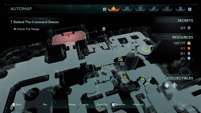 The location of the fifth secret area - which contains a Gold Chest - is shown where the player is standing in a map screenshot from DOOM: The Dark Ages' Sentinel Command Station chapter