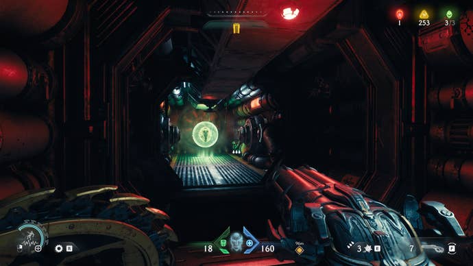 The player looks at a Life Sigil in a vent in DOOM: The Dark Ages' Sentinel Command Station chapter