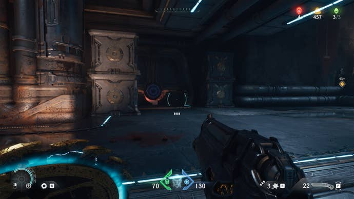 The player looks towards a door with a purple shield sigil on it in DOOM: The Dark Ages' Hebeth