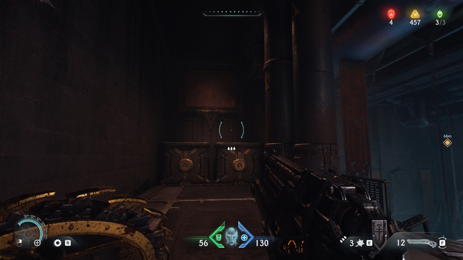The player looks towards some crates and a vent that lead to a secret location in Hebeth in DOOM: The Dark Ages - 4