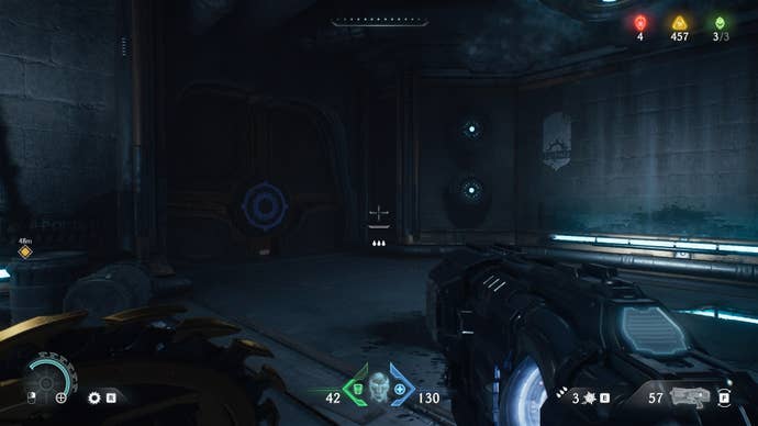 The player looks at a door with a purple shield sigil on it in DOOM: The Dark Ages's Hebeth