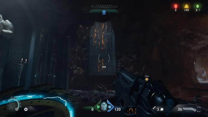 The player looks at a climbable wall in Hebeth, above the Research Lab, in DOOM: The Dark Ages