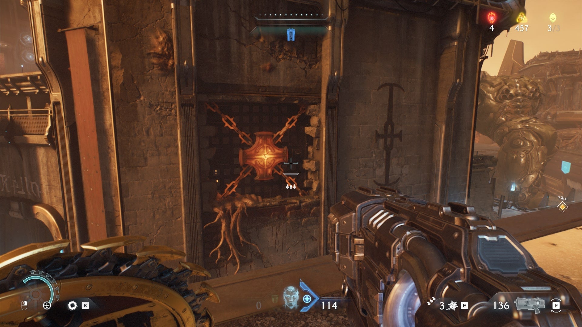 The player looks towards some hot metal in Hebeth that the Slayer can throw their Shield Saw at in DOOM: The Dark Ages - 10