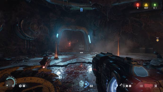 The player looks towards a door in Hebeth that contains a Gold Chest in DOOM: The Dark Ages