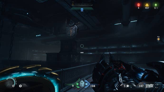 The player looks towards some crates in Hebeth that can be climbed to access a vent in DOOM: The Dark Ages