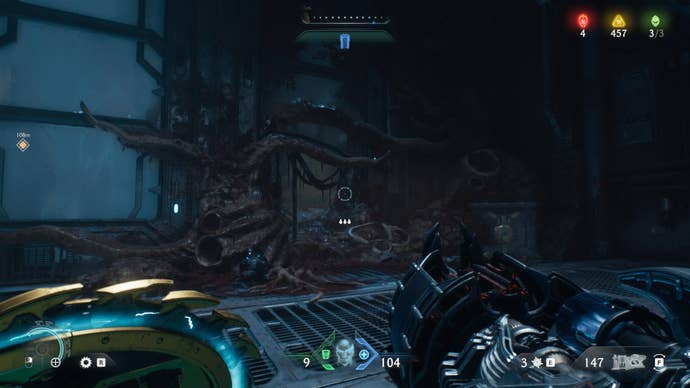 The player looks at a hidden path covered in fleshy appendages in DOOM: The Dark Ages's Hebeth