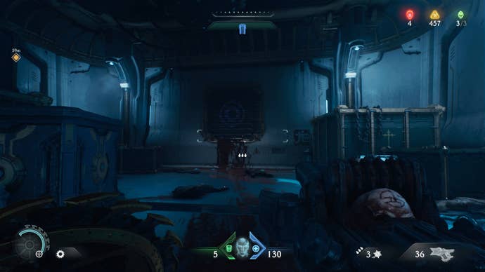 The player looks at a vent with blood pouring out of it and a purple shield sigil on it in DOOM: The Dark Ages' Hebeth