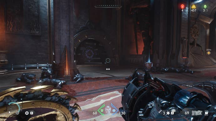 The player looks toward a barred up door with a purple shield sigil on it in the Sentinel Barracks chapter in DOOM: The Dark Ages