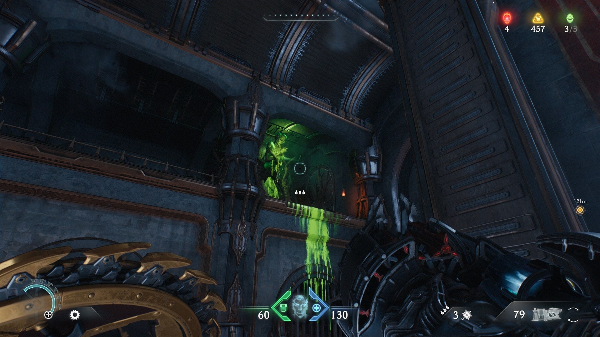 The player looks up at a green corpse they can Shield Throw at in the Sentinel Barracks chapter in DOOM: The Dark Ages - 4