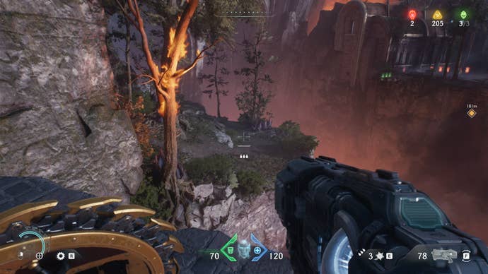 The player looks down at an island in the Sentinel Barracks chapter - which leads to a secret area - in DOOM: The Dark Ages