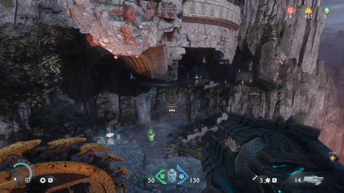 The player looks at a small pond and climbable wall that are beneath a broken bridge in the Sentinel Barracks in DOOM: The Dark Ages