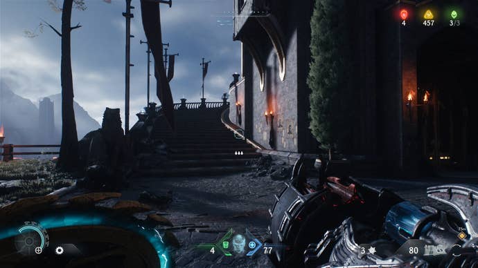 The player looks at a staircase leading to the Sentinel Barrack's chapter's weapon skin in DOOM: The Dark Ages