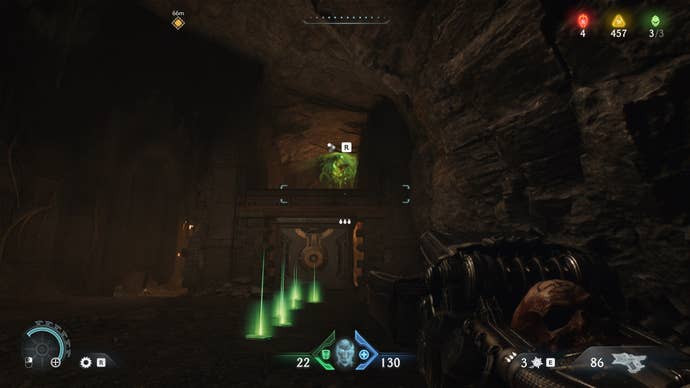 The player looks towards a green corpse they can shield throw at in the Sentinel Barracks chapter in DOOM: The Dark Ages