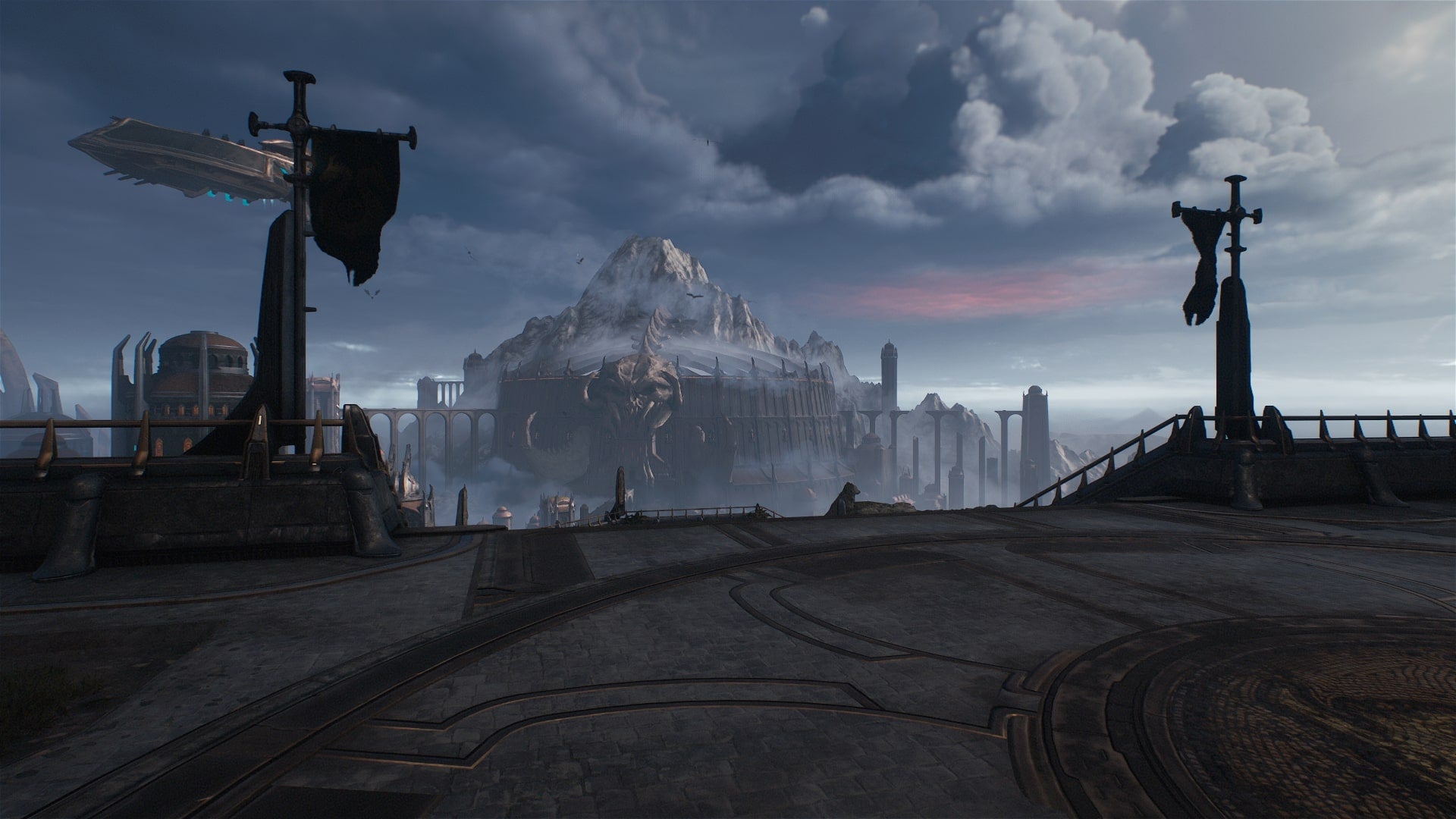 The player looks out towards a distant city during the Sentinel Barracks chapter in DOOM: The Dark Ages - 1
