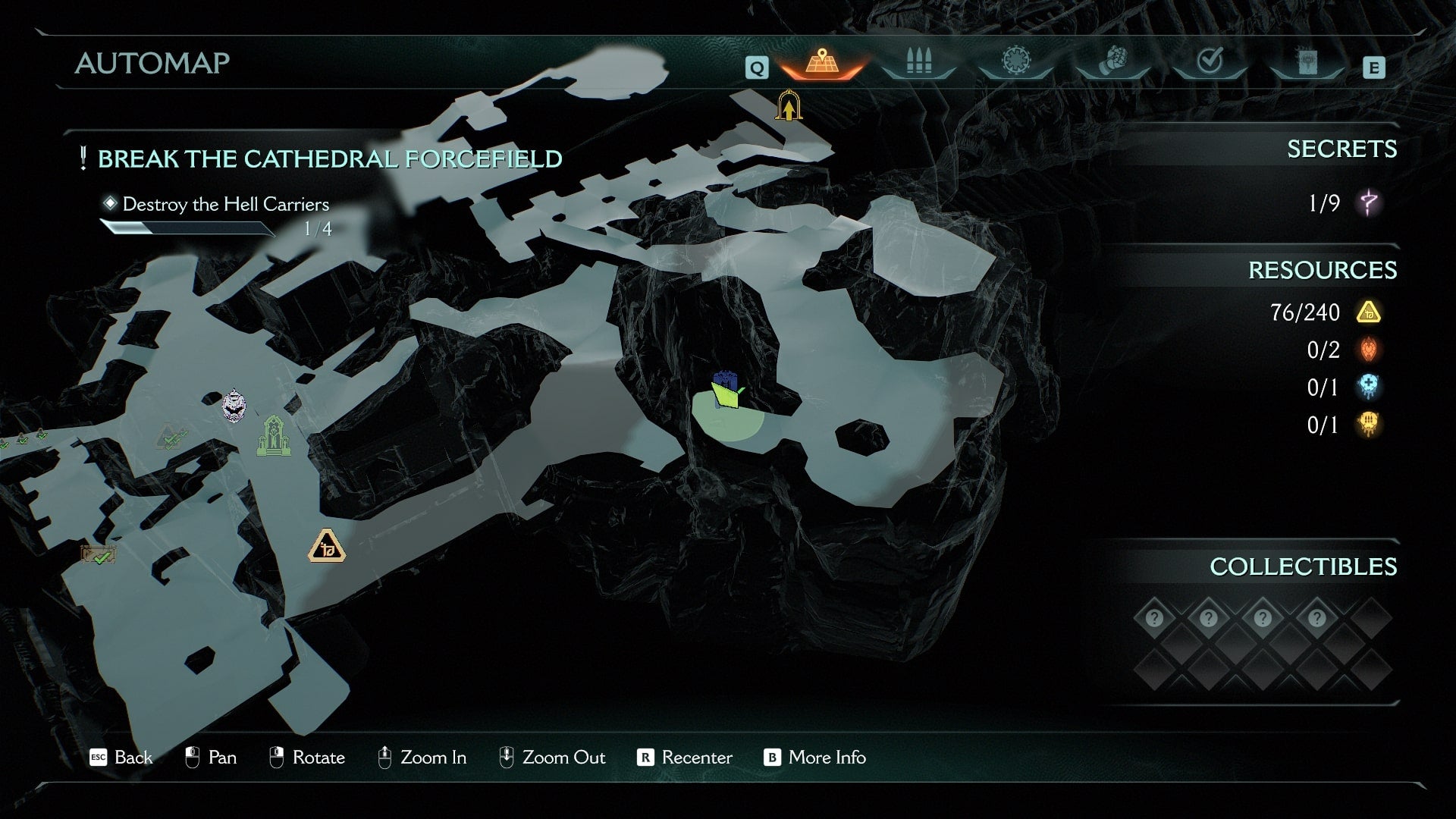 The location of the Blue Keycard is shown on a map of The Holy City of Aratum in DOOM: The Dark Ages - 10