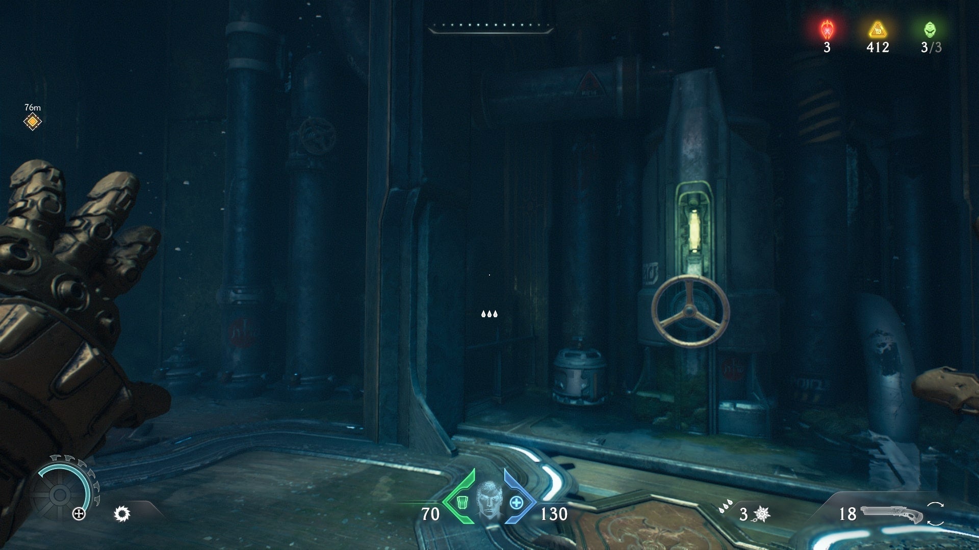 The player, who is underwater beneath The Holy City of Aratum, approaches a valve in DOOM: The Dark Ages - 7