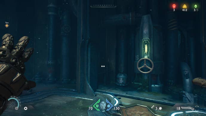 The player, who is underwater beneath The Holy City of Aratum, approaches a valve in DOOM: The Dark Ages