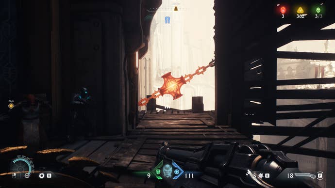 The player looks towards some hot metal that they can Shield Throw at in The Holy City of Aratum in DOOM: The Dark Ages