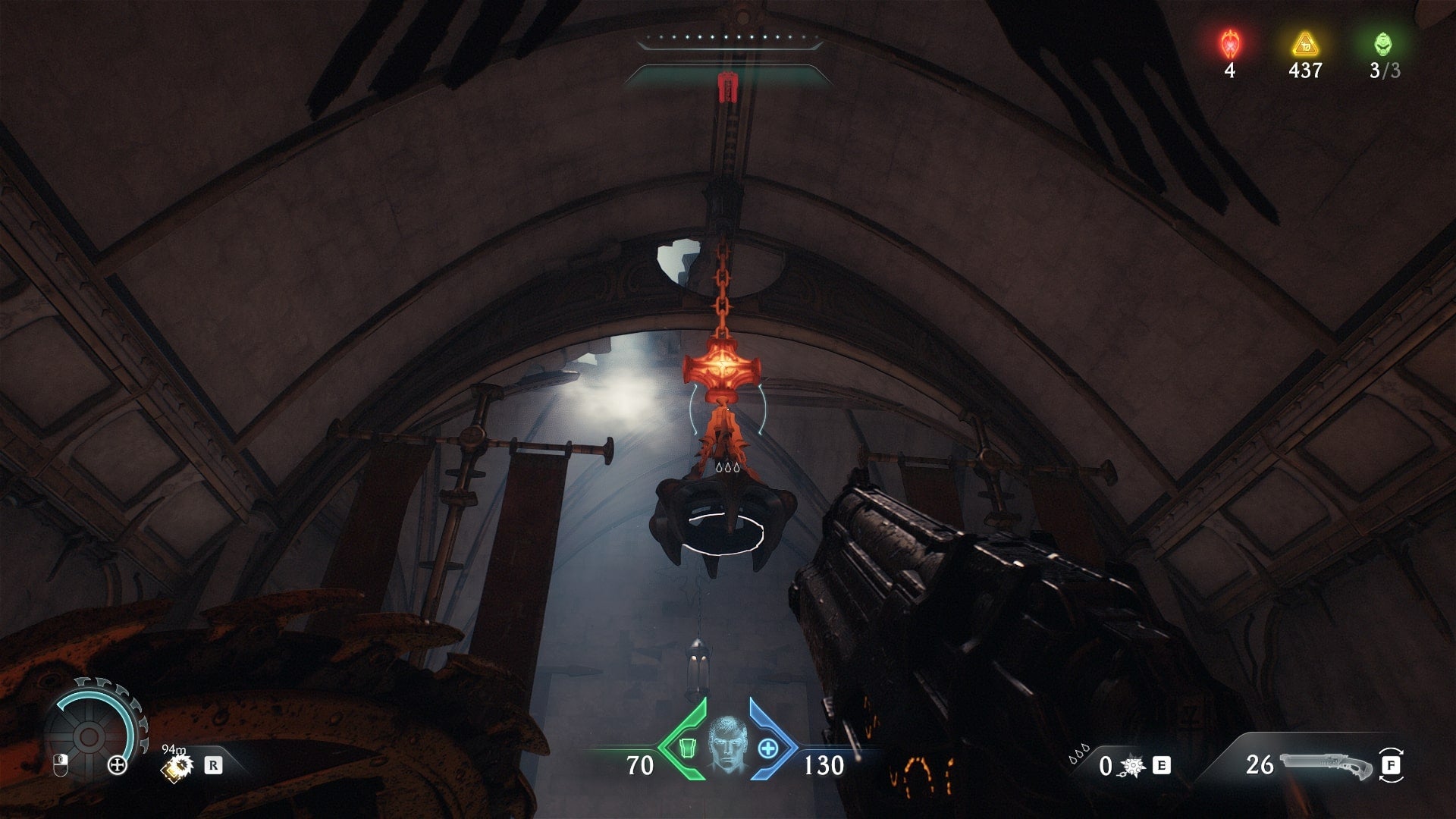 The player looks towards a chandelier with some hot metal that they can Shield Throw at in The Holy City of Aratum in DOOM: The Dark Ages - 13