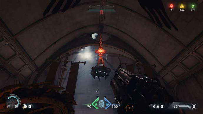 The player looks towards a chandelier with some hot metal that they can Shield Throw at in The Holy City of Aratum in DOOM: The Dark Ages