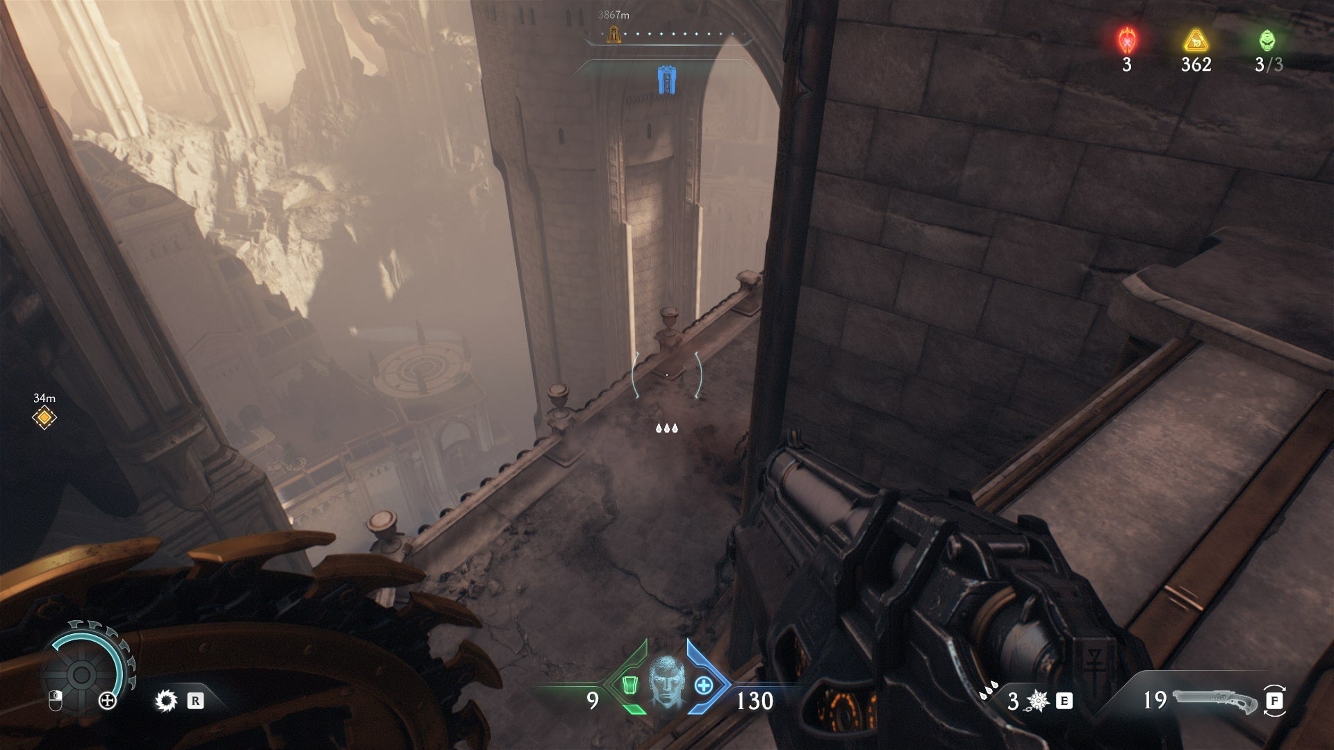 The player looks at a platform beneath a bridge that they can jump down to in The Holy City of Aratum in DOOM: The Dark Ages - 14