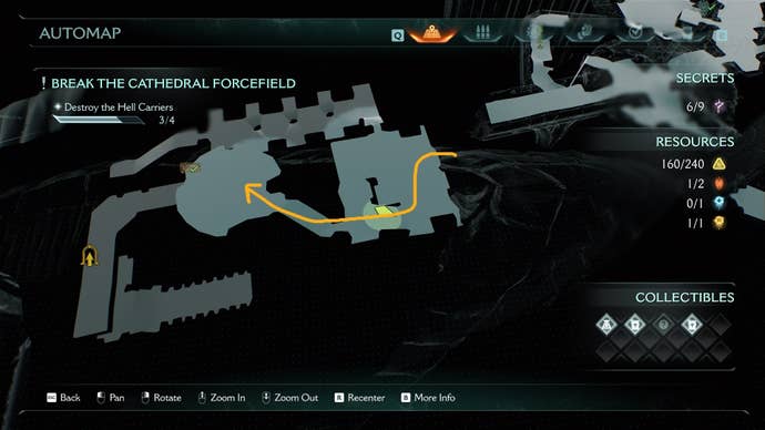 A route through a Hell Carrier to a Gold Chest is drawn on The Holy City of Aratum map in DOOM: The Dark Ages