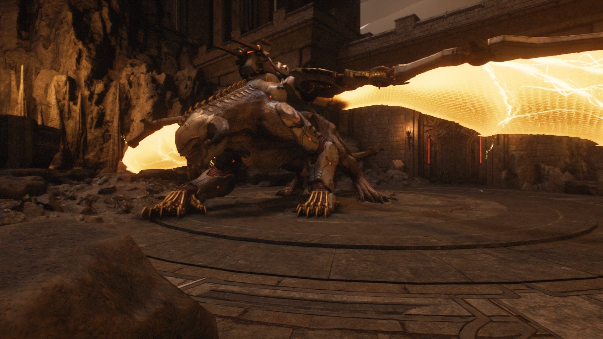 The player looks at the Slayer's dragon in the Holy City of Aratum chapter in DOOM: The Dark Ages - 1