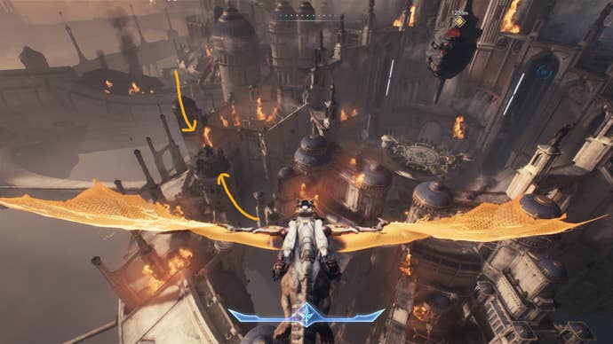 The player flies over the Holy City of Aratum in DOOM: The Dark Ages: a Titan is labelled with two yellow arrows