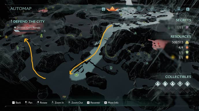 The route from The Siege Part 1's Secret Key to a collectible Toy is drawn on the map in DOOM: The Dark Ages
